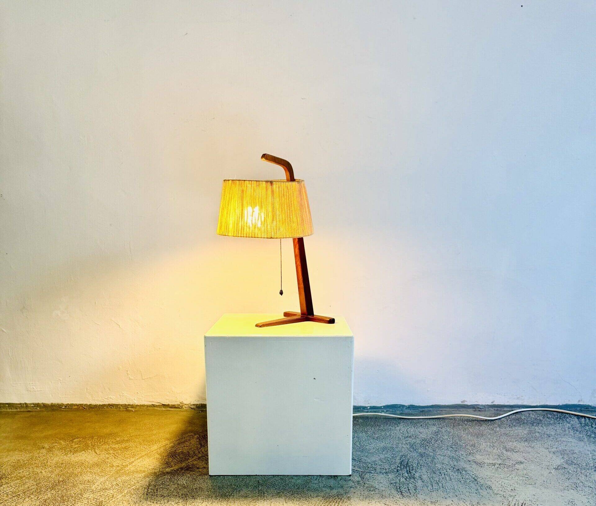 Hemp String & Teak Wood Table Lamp By Ib Fabiansen For Fog & Mørup, Denmark 1950S