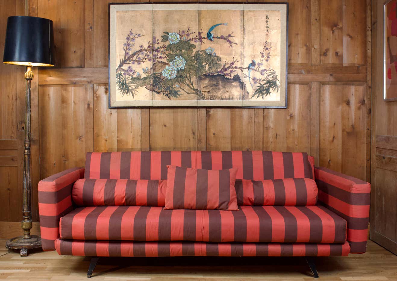 Red and purple fabric sofa from 1970