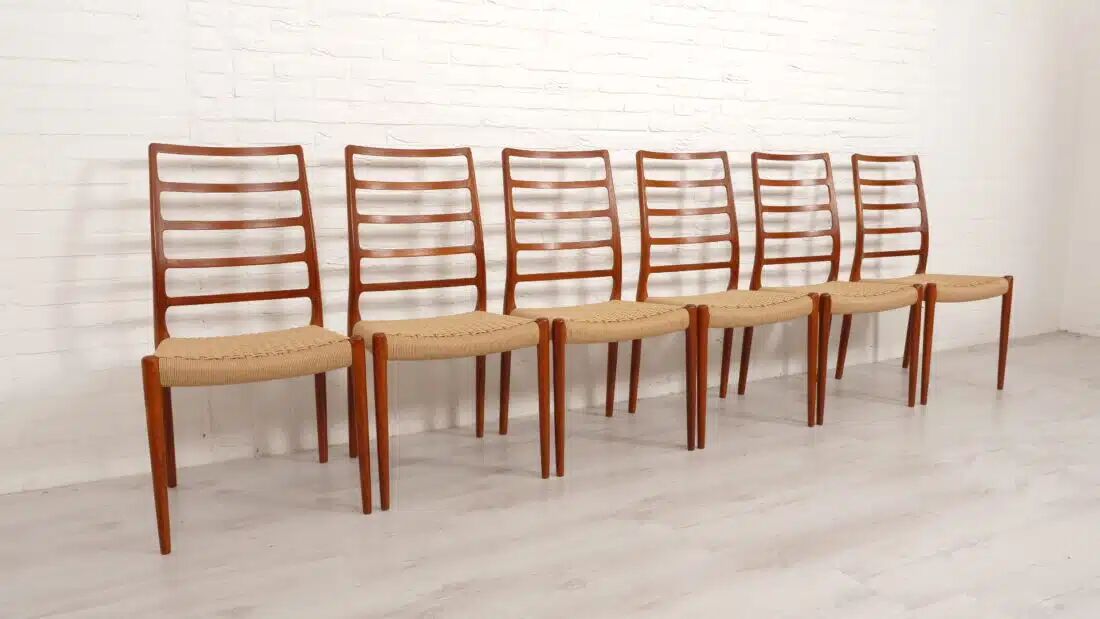 6 x vintage dining chairs | Niels Otto Møller | Model 82 | Papercord | Teak
