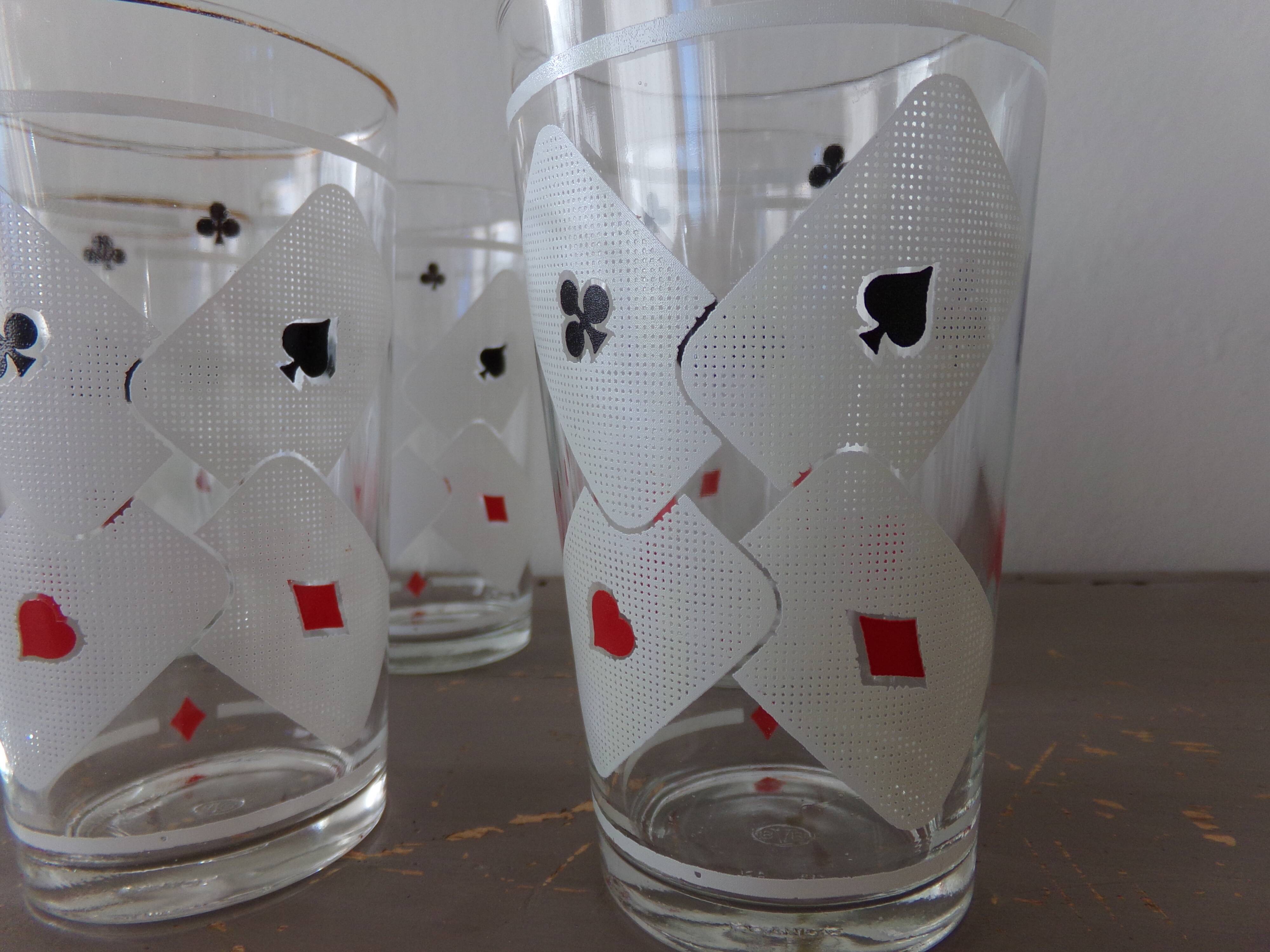 Lot of 6 glasses screen-printed vintage 60s card game
