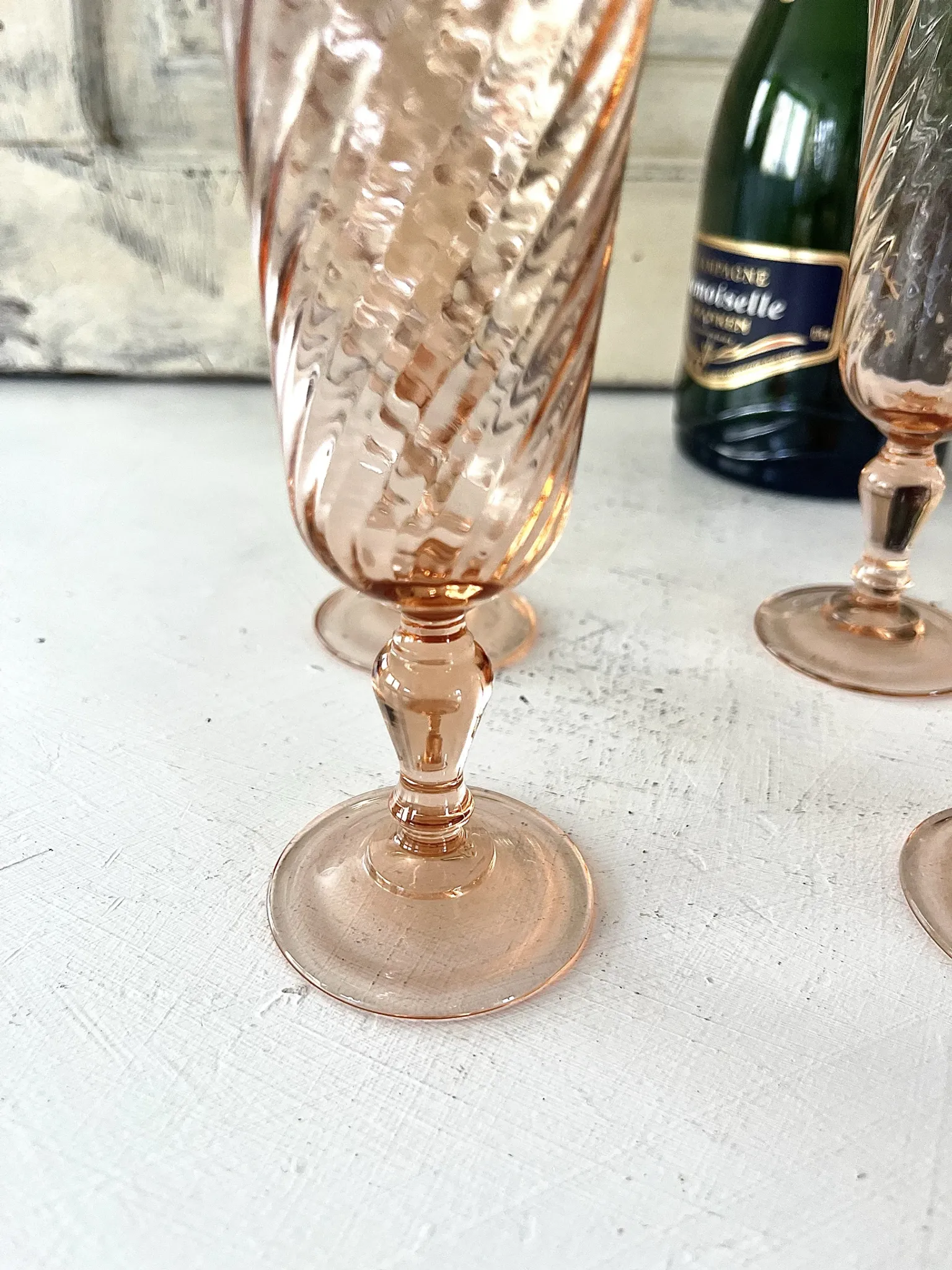 Champagne flutes pink set of 8, French swirl glass stemware rosaline