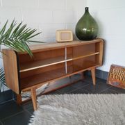 Sideboard vintage Scandinavian feet compass of oak and glass
