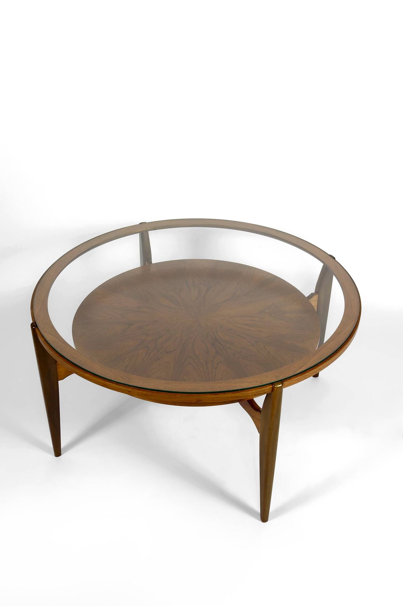 Important modern Scandinavian style coffee table, walnut / glass – c. 1960