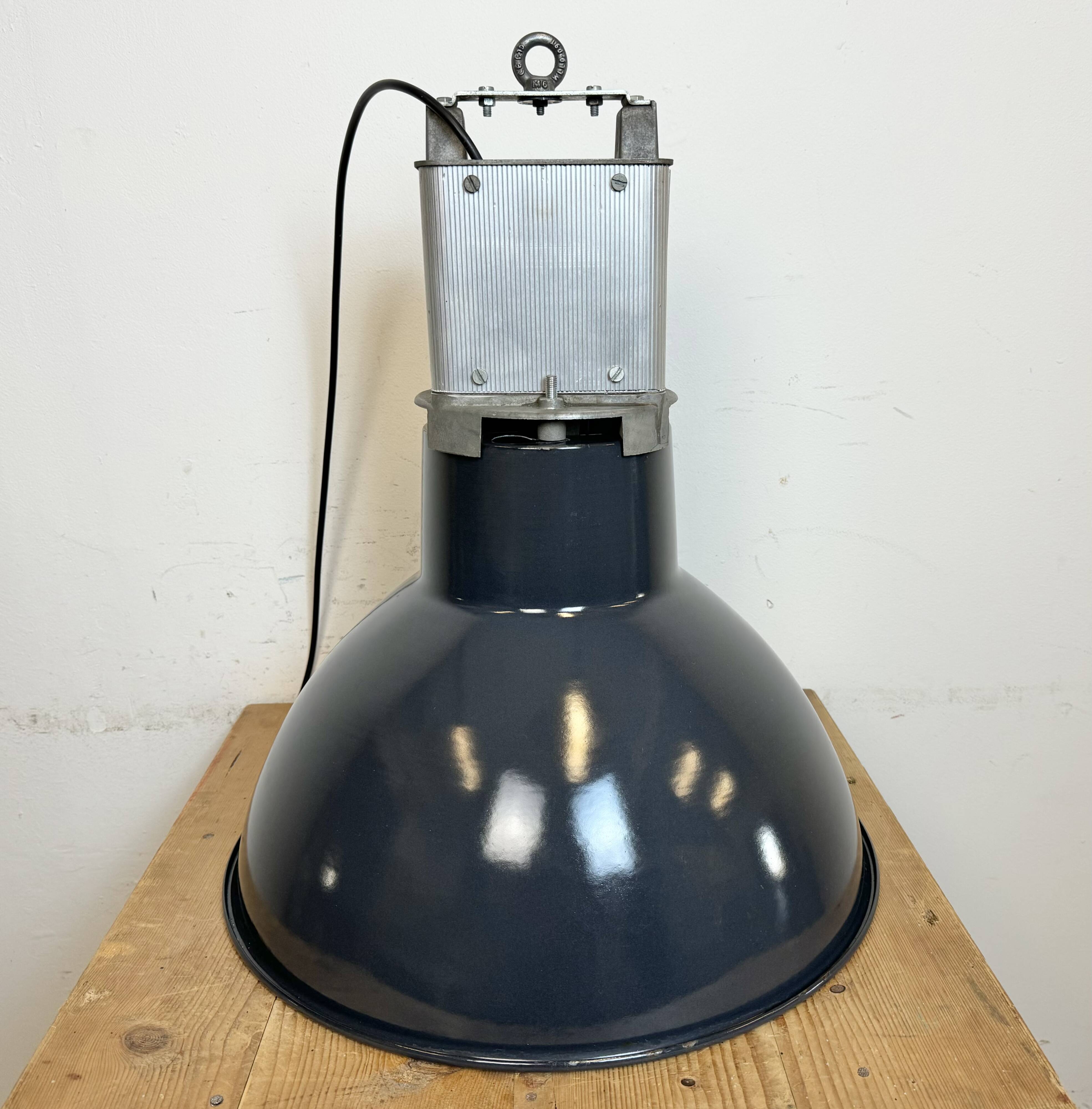 Industrial french dark blue enamel pendant lamp from mazda, 1960s