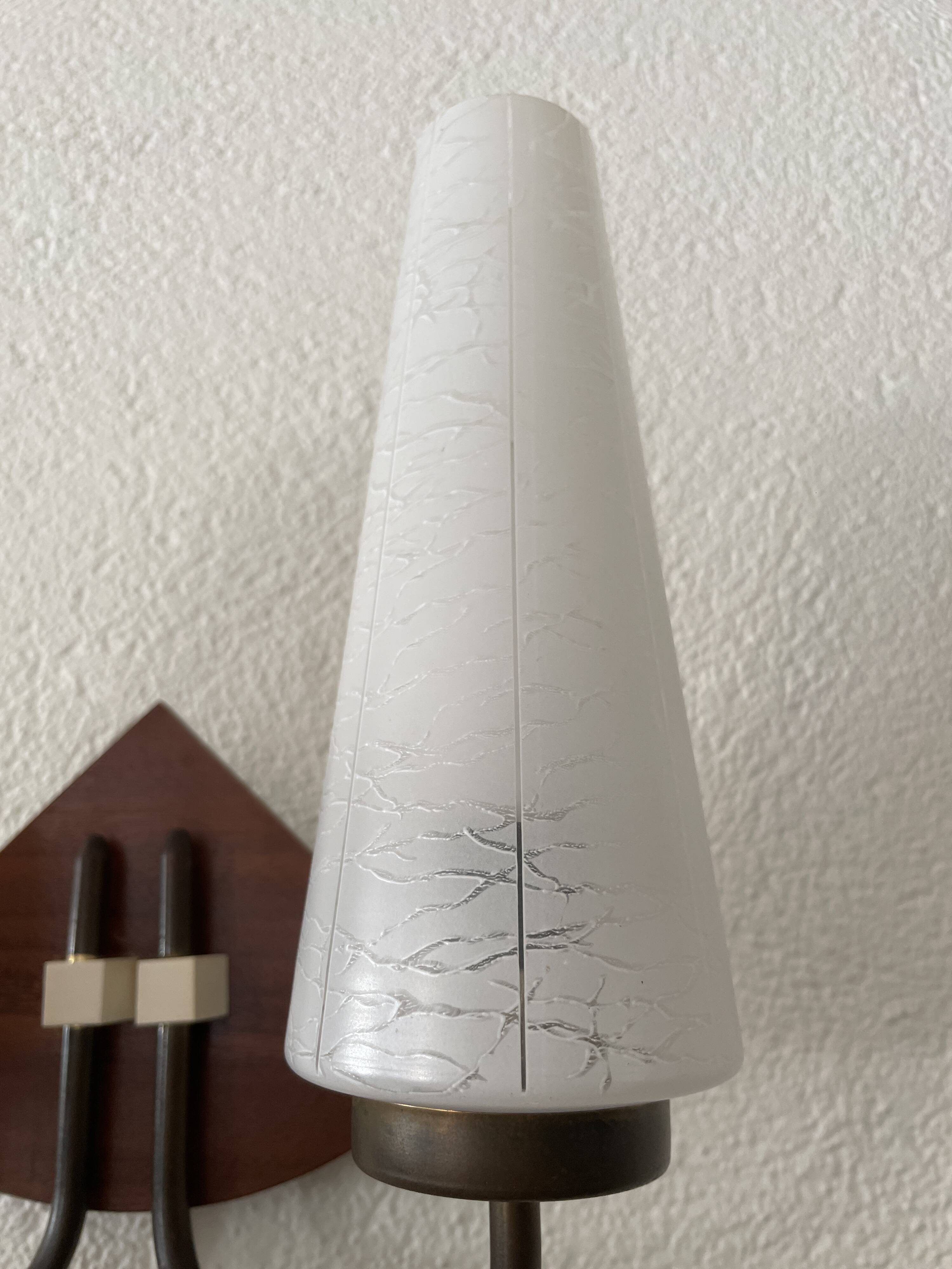 Art deco opaline, wood and brass 2 armed wall light
