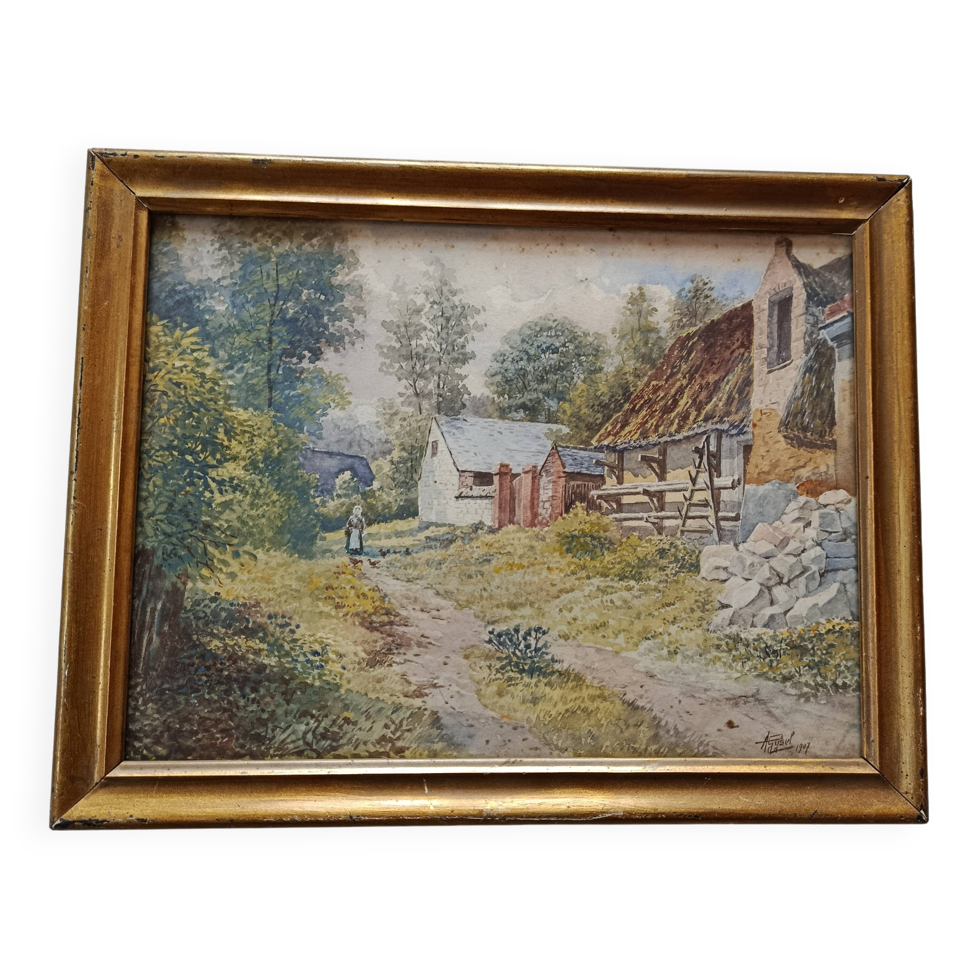 WATERCOLOR 1907 by Albert GYSEL Farm at LA MOTTE AU BOIS towards the North BOURRE