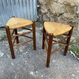 Pair tripod stool vintage design wood and straw