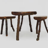 Old Brutalist tripod coffee table with 2 stools