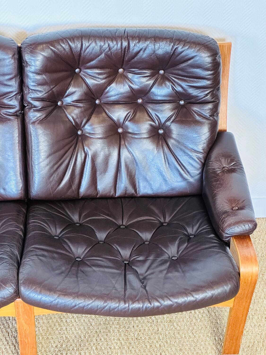 Scandinavian leather and teak bench from the 1960s.