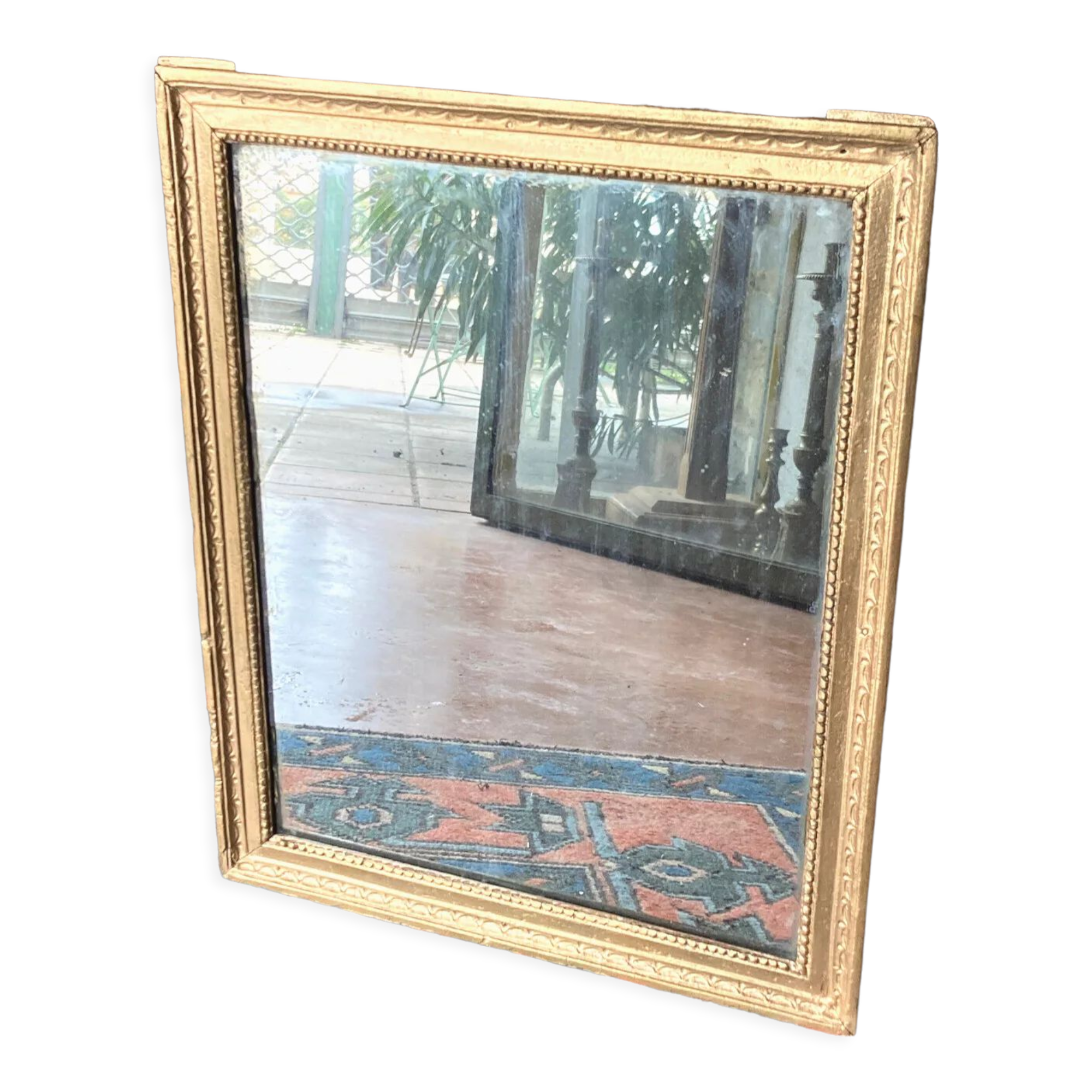 Old rectangular golden mirror baguette with beaded row