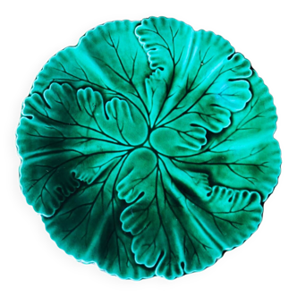 Plate with botanical leaves in green enameled earthenware from Clairfontaine circa 1890