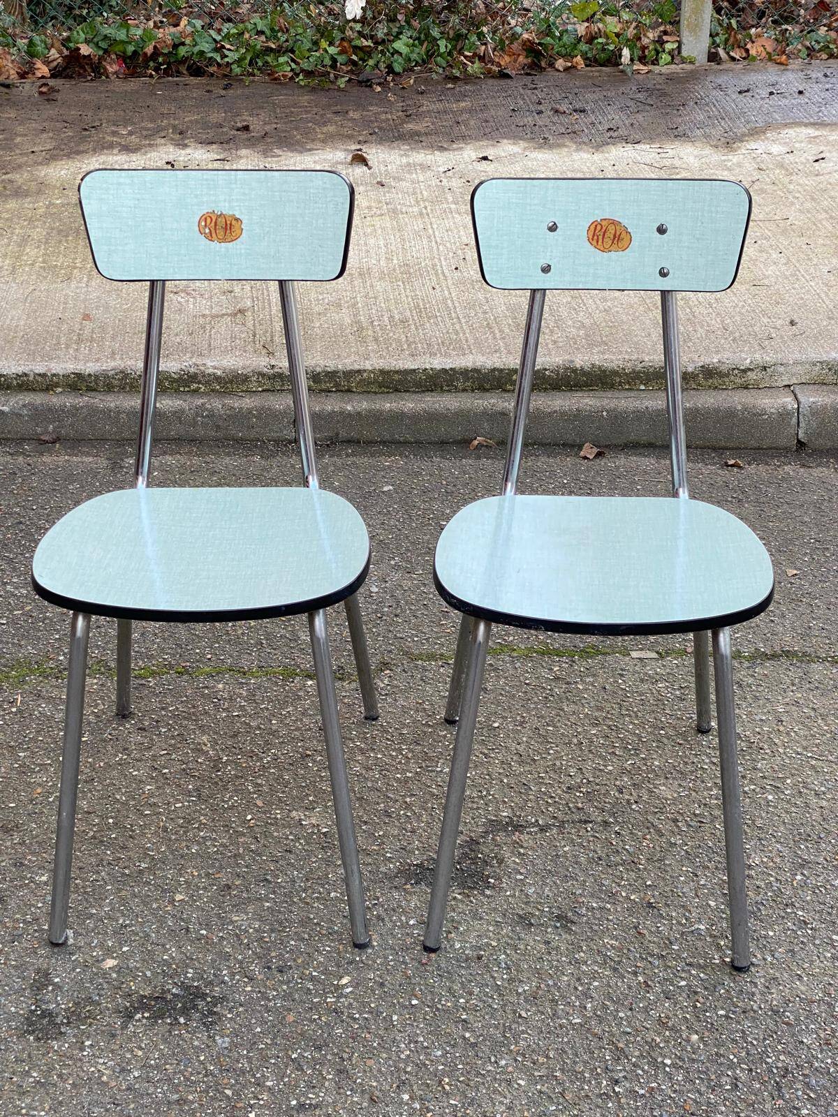 2 blue 1980s Roc La Samaritaine Formica chairs