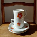 2 tasses mugs et soucoupes en porcelaine Colombia Vintage 1970s