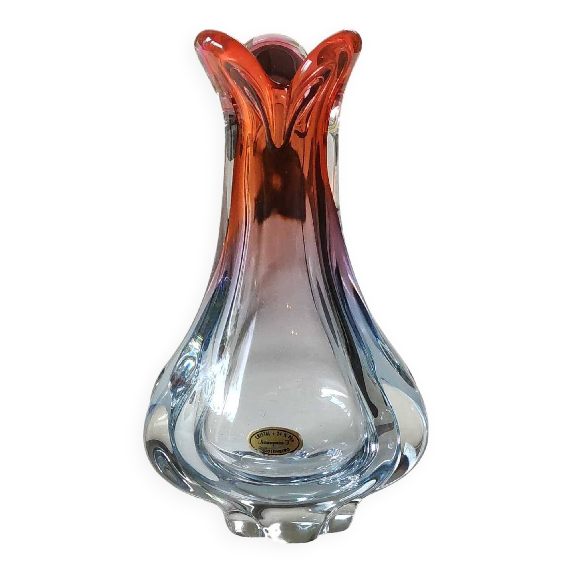 Vintage vase/Lemberg crystal/Nierengarten F. Floral design, polylobed neck. Orange tones. Dim 22 x 14 cm