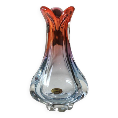 Vase vintage/Cristal de Lemberg/Nierengarten F. Design florale, col polylobés. Tons orangés. Dim 22 x 14 cm