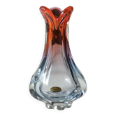 Vintage vase/Lemberg crystal/Nierengarten F. Floral design, polylobed neck. Orange tones. Dim 22 x 14 cm