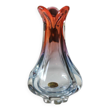 Vintage vase/Lemberg crystal/Nierengarten F. Floral design, polylobed neck. Orange tones. Dim 22 x 14 cm