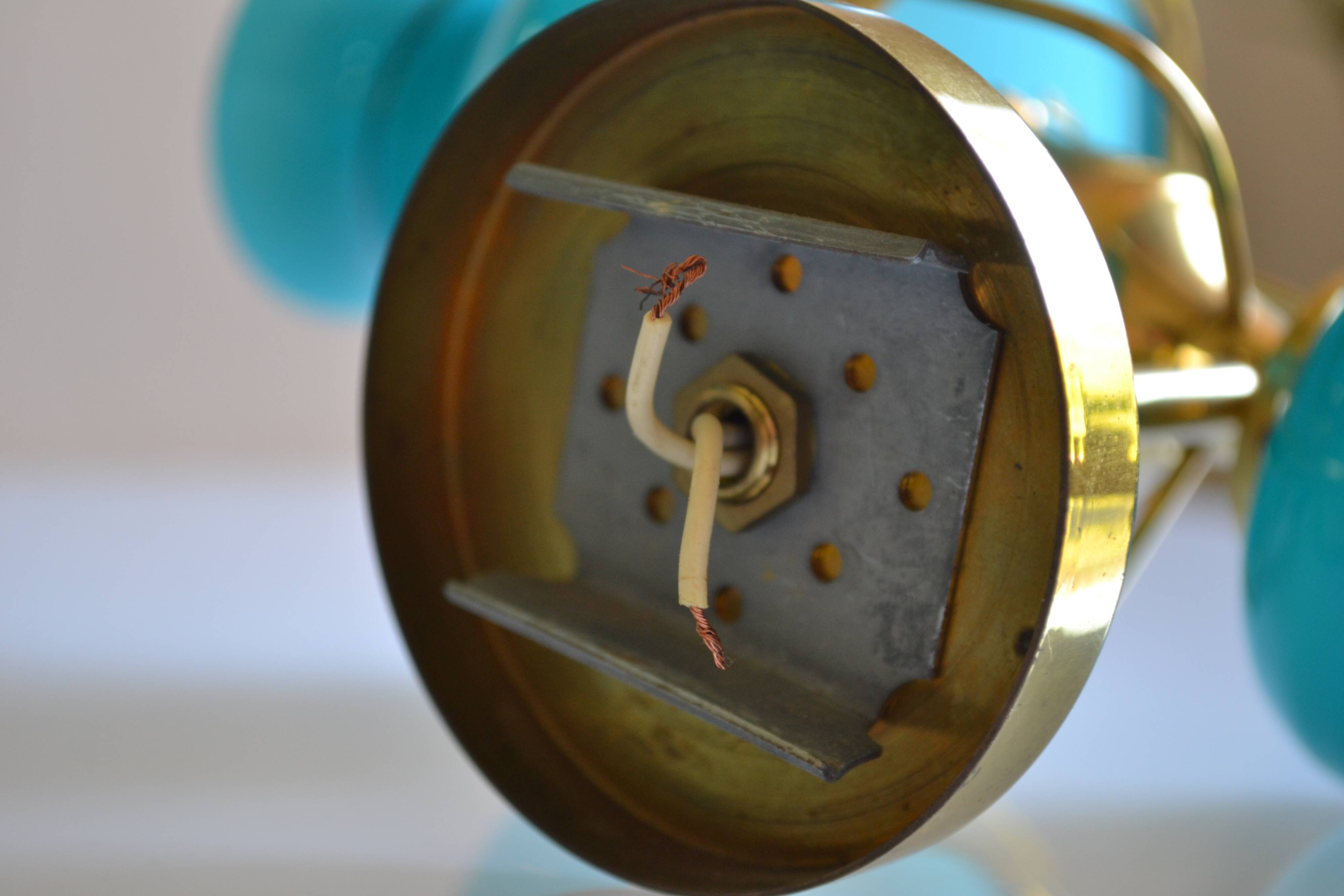 Series of 3 vintage brass and blue opaline wall lamps