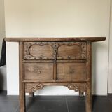 Very old elm wood with carved patterns and ironwork pieces.