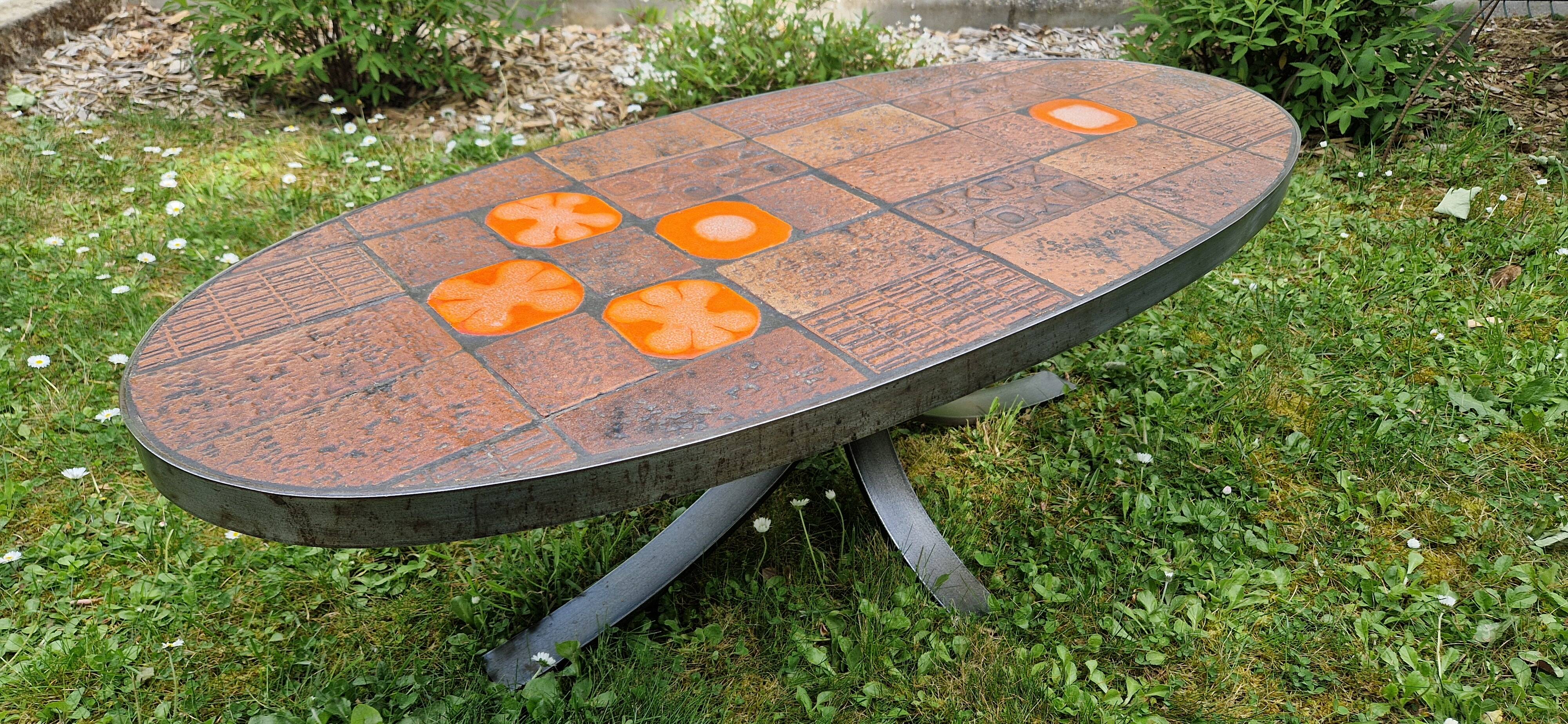 Coffee Table in Lava Stone and Ceramic by Jean Jaffeux