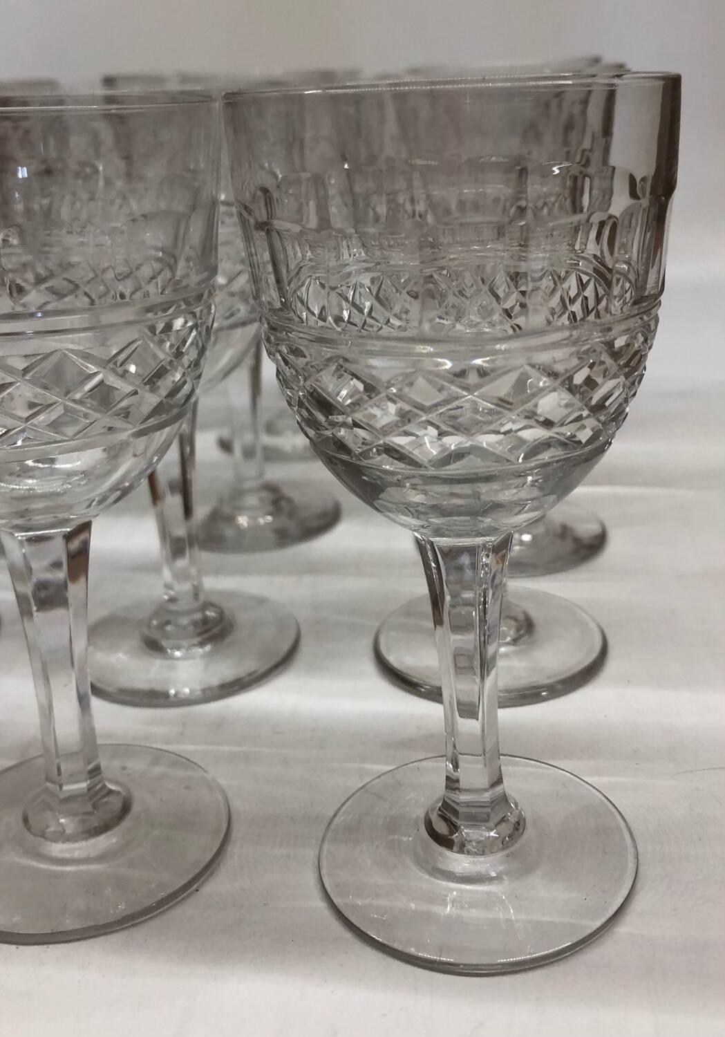 Set of 12 cut crystal stemmed glasses from the Nancy crystal factory, art deco