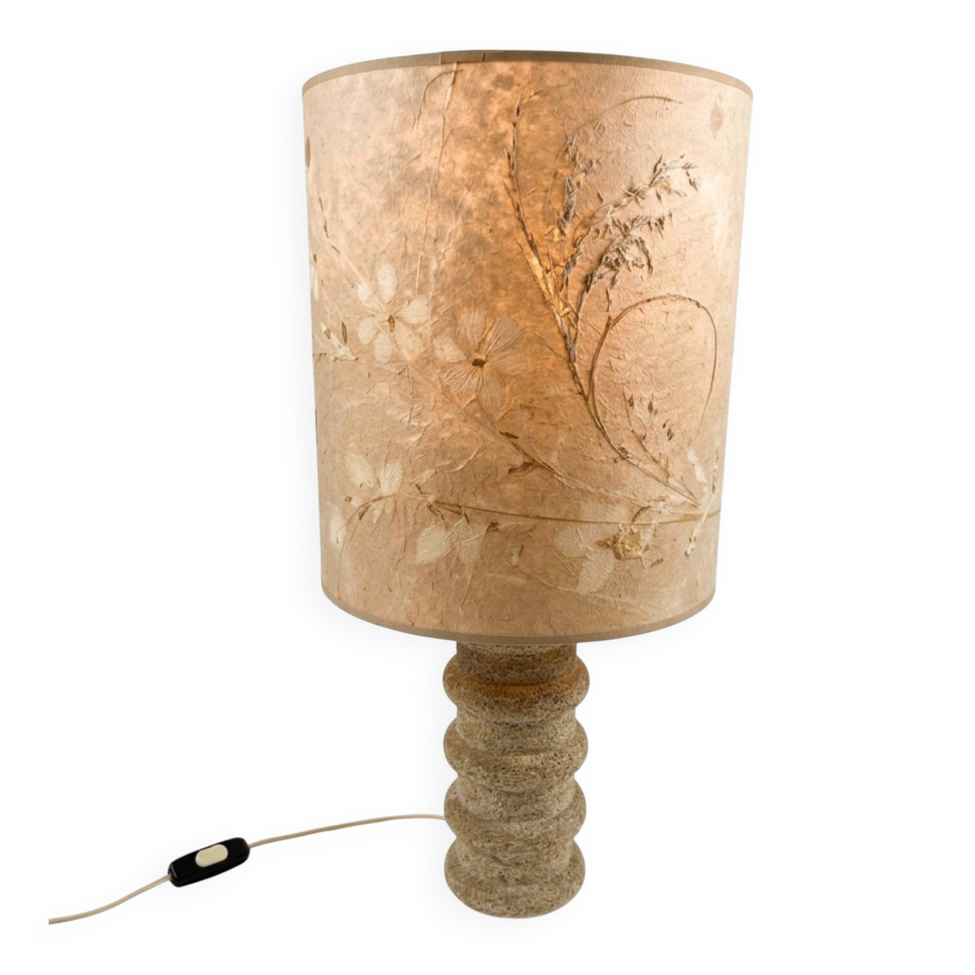 1970s brutalist lamp, handmade lampshade with herbarium/base in stone.