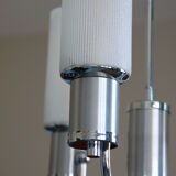 Chandelier in aluminum and chrome metal tulip white striated glass 1970 seventies
