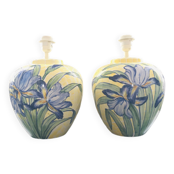 Pair of Italian lamp bases with iris decoration.