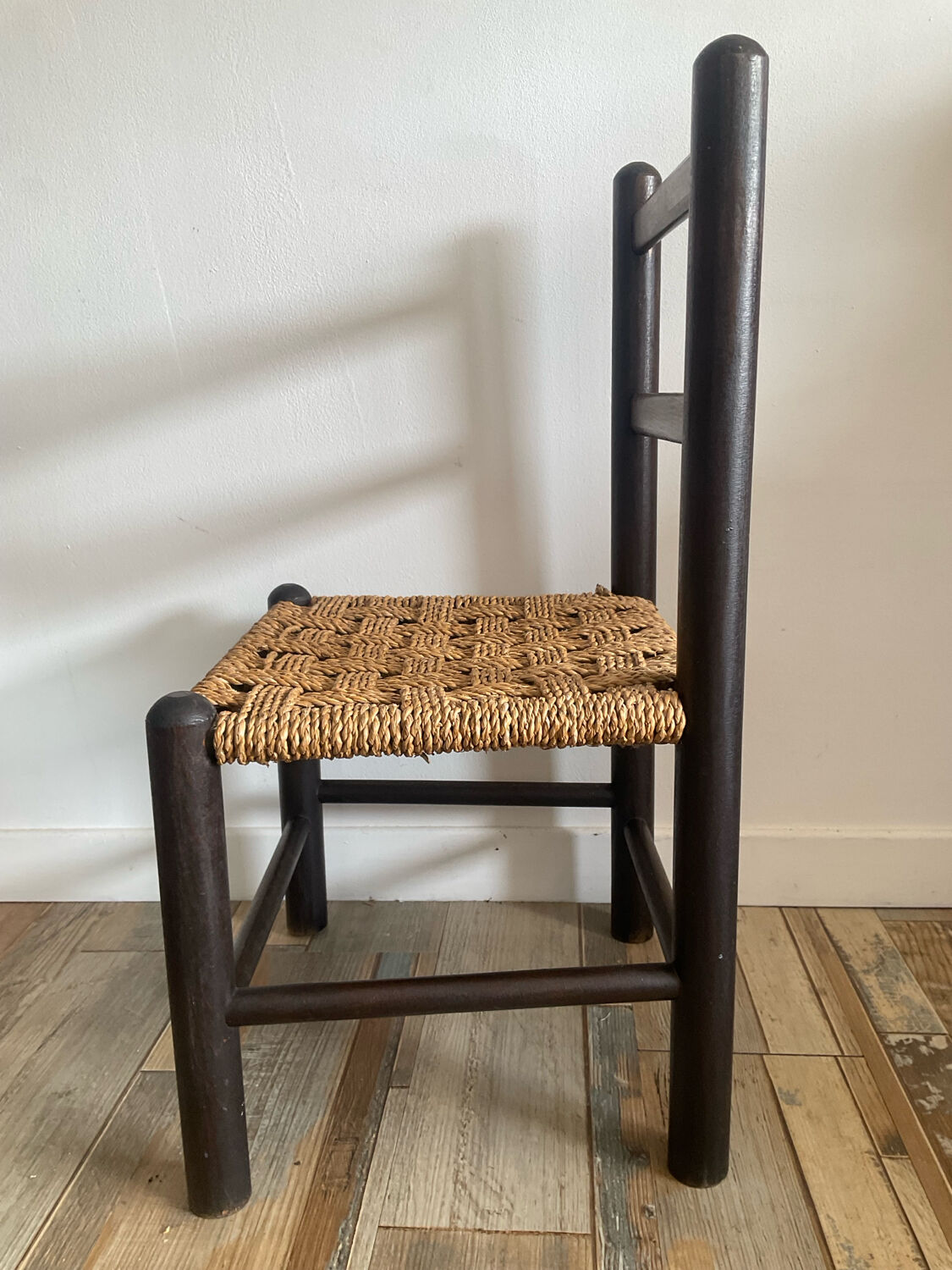 Pair of vintage children's chairs with rope and wood seats