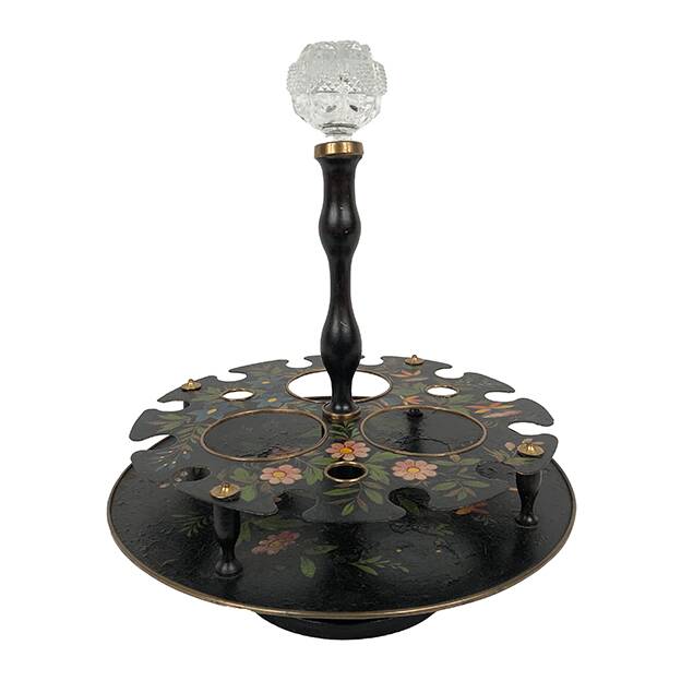 Liquor cabaret in 19th century painted sheet metal, carafes and glasses attributed to the Creusot crystal factory