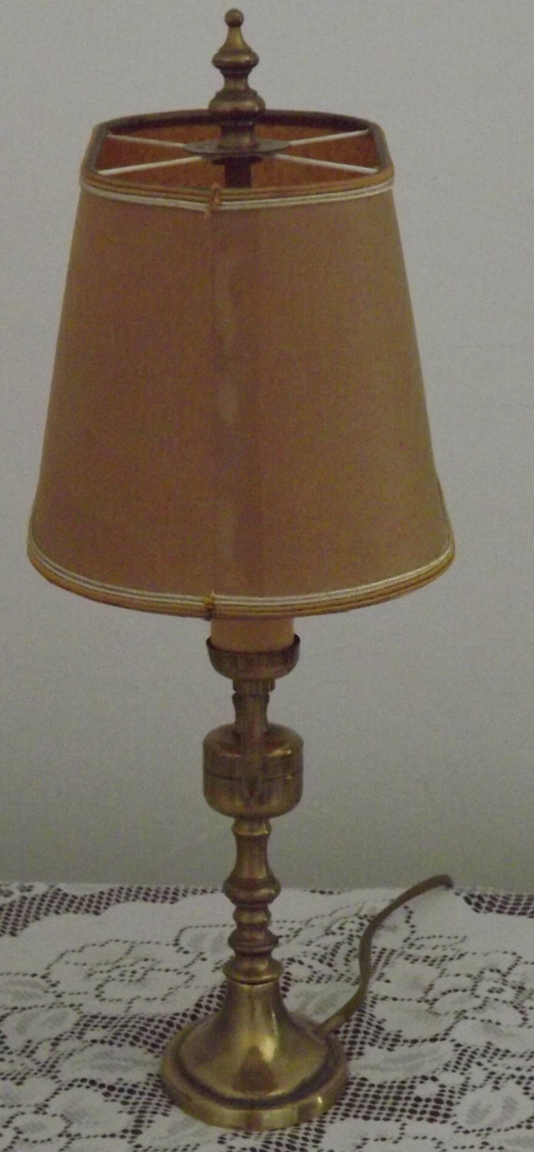 French Mid Century Brass Boulotte 2 Light Table Lamp Brown Shade