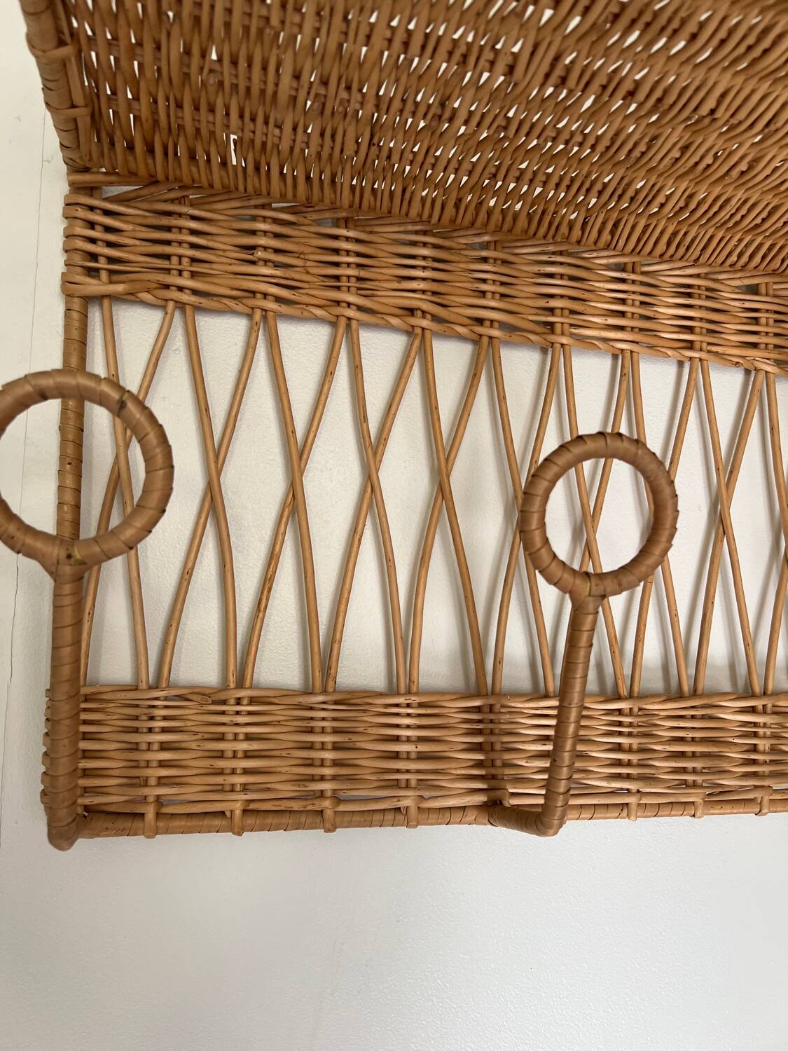 Vintage rattan coat rack wall shelf