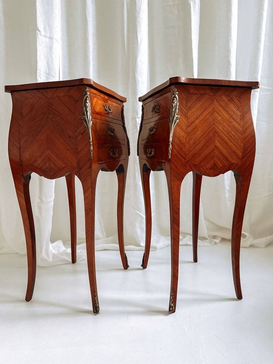 Louis XV French bedside tables with floral marquetry, 1940s, set of 2