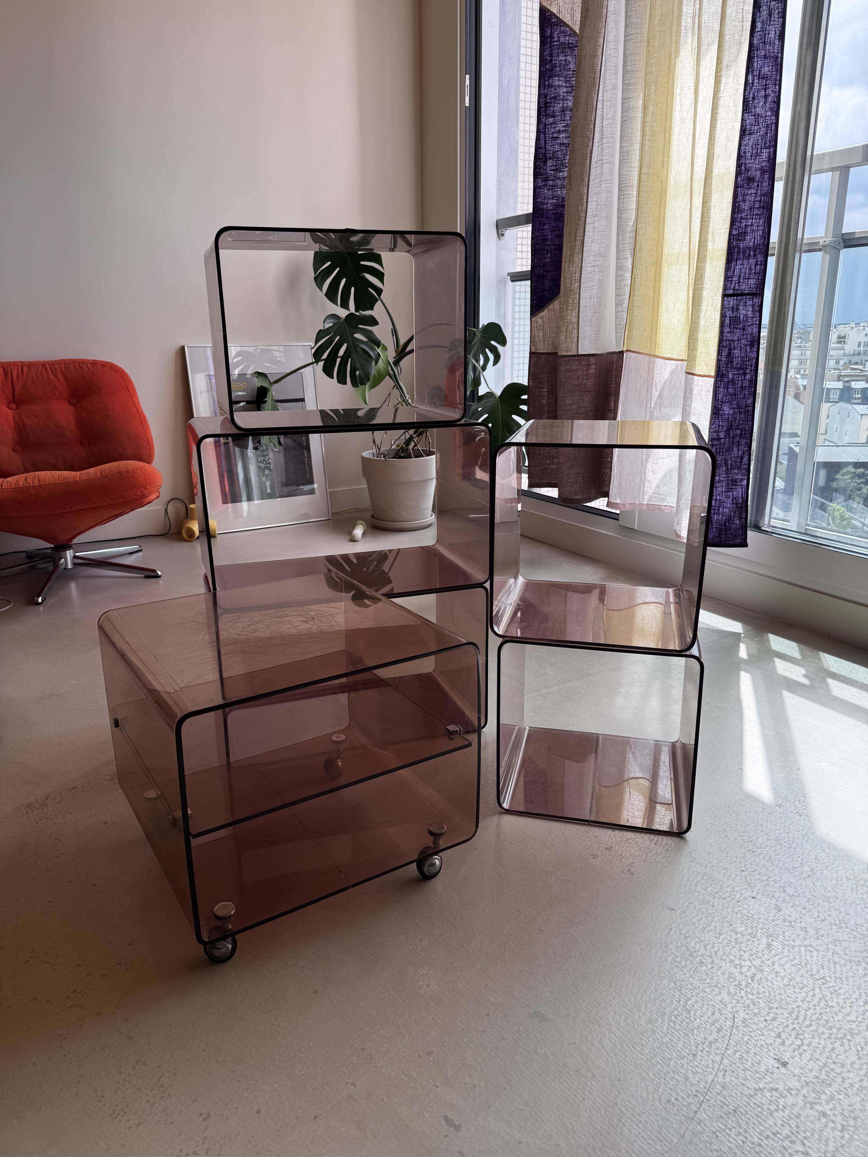 Set of 6 vintage smoked plexiglass modules – 70s/80s – Roche Bobois style