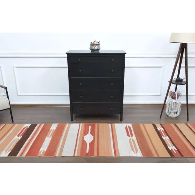 1970s Vintage Turkish Hand-Knotted Wool Cotton Orange Runner Rug 85389