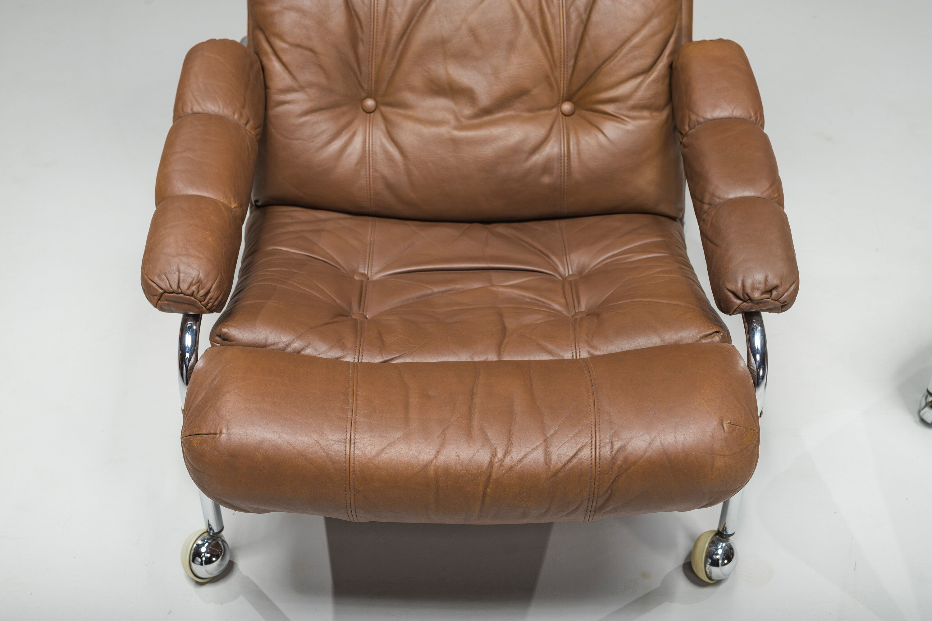 Swedish Lounge Chair and Ottoman in Chrome and Brown Leather by Scapa Rydaholm, 1960s, Set of 2