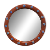 Miroir rond en teck avec décoration en céramique bleue par Deknudt, années 1960.