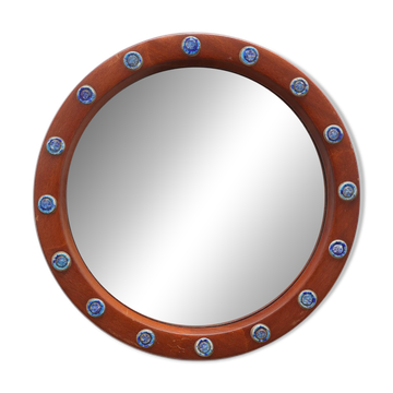 Round Teak Mirror with Blue Ceramic Stud Decoration by Deknudt, 1960s