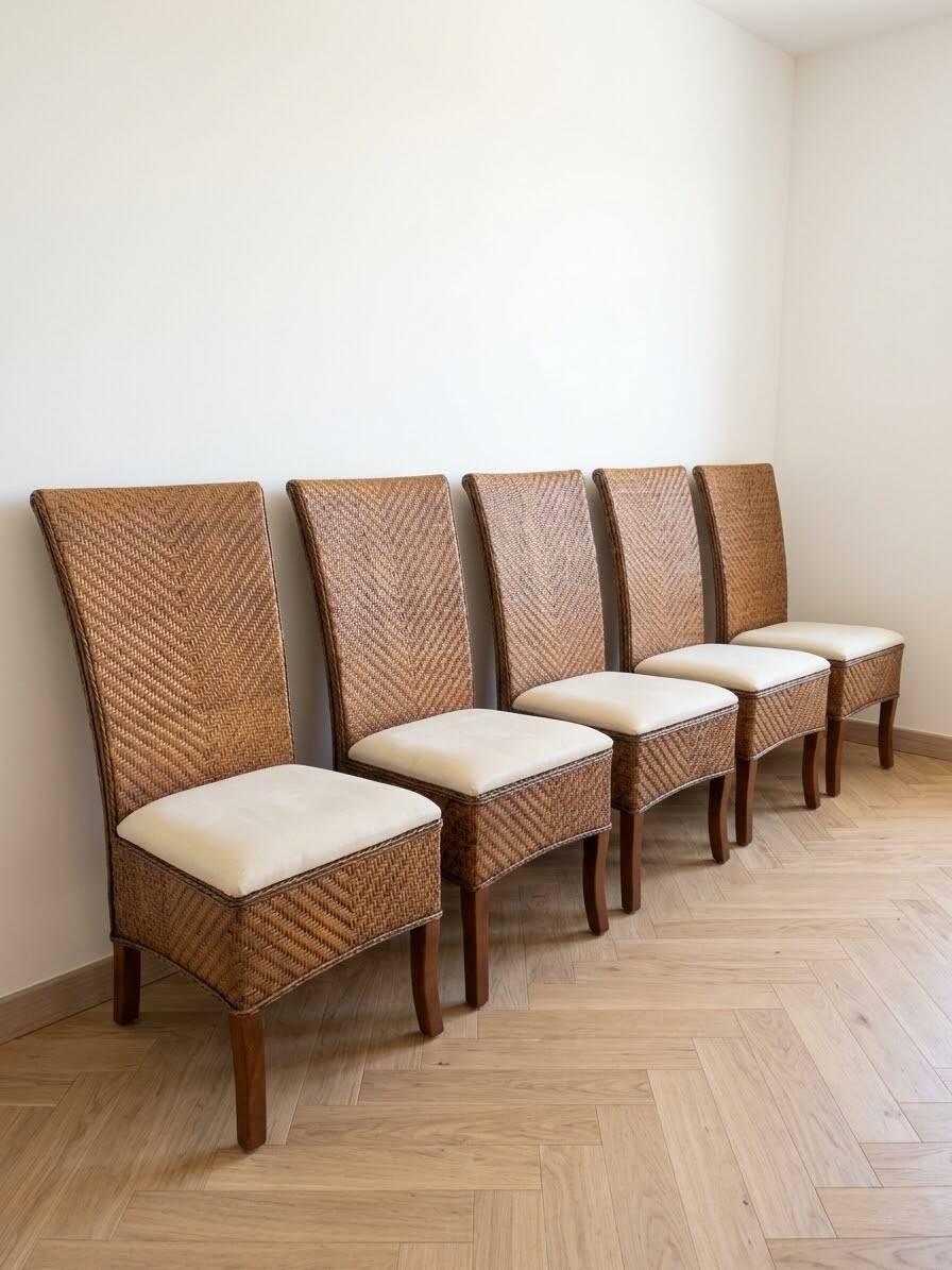 Set of 6 dining chairs in rattan and wood