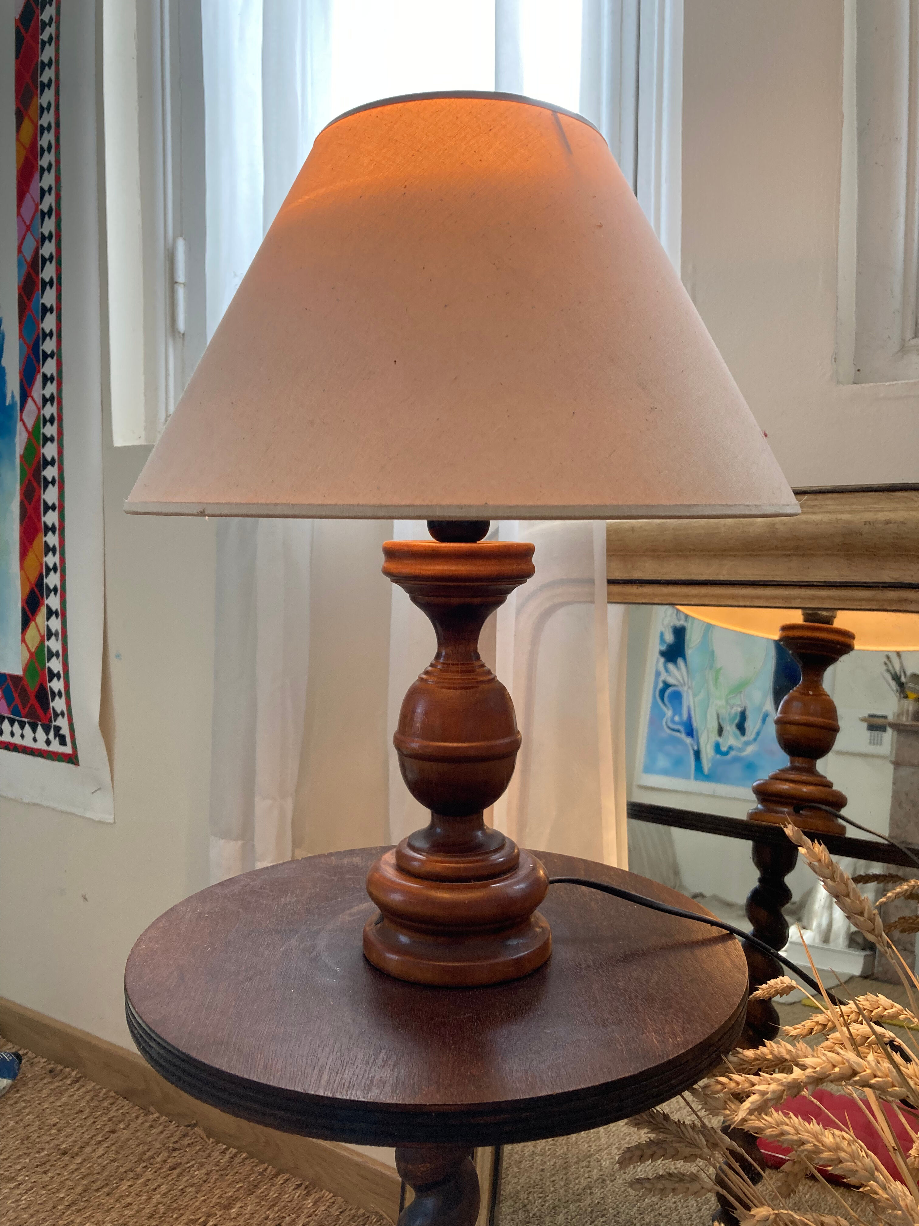 Wooden lamp turned off-white vintage lampshade