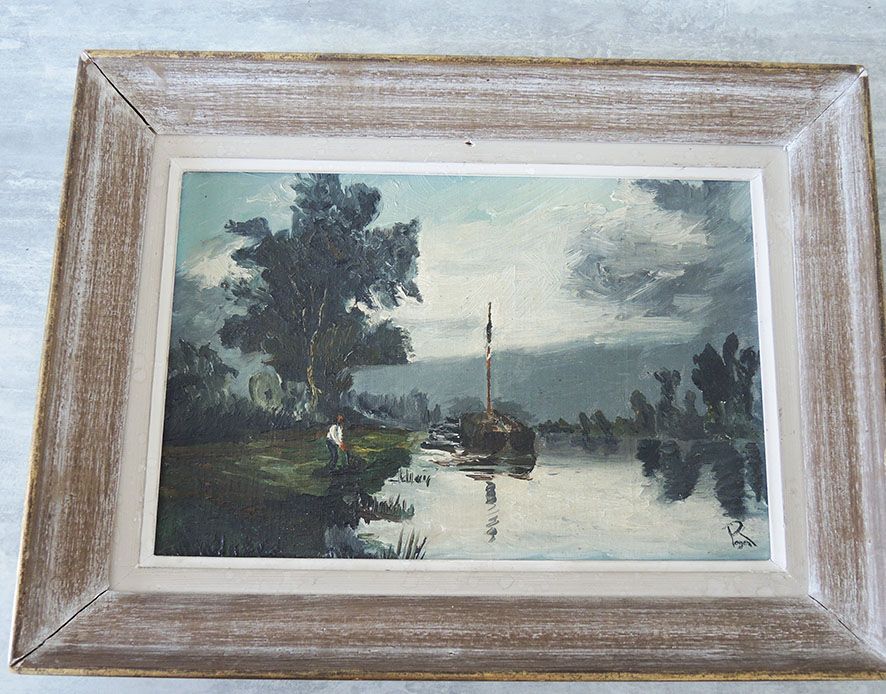 Oil on wood painting signed and framed: river boat