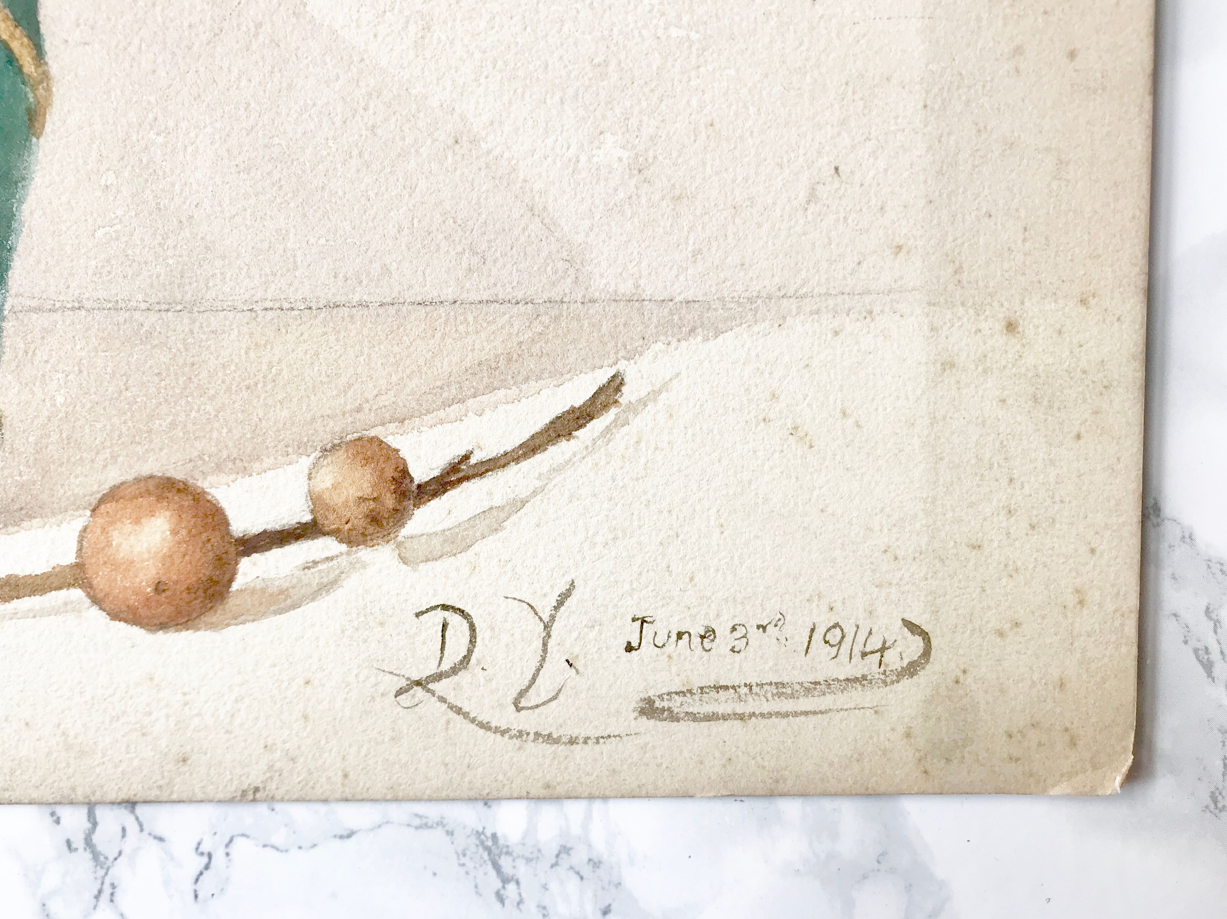 Old watercolor depicting a still life at the tea box