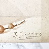 Old watercolor depicting a still life at the tea box