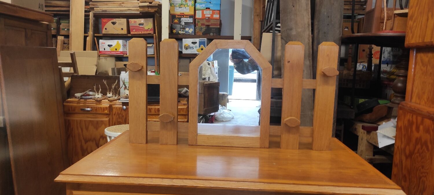 Vintage wooden coat rack with modernist design mirror 4 hooks