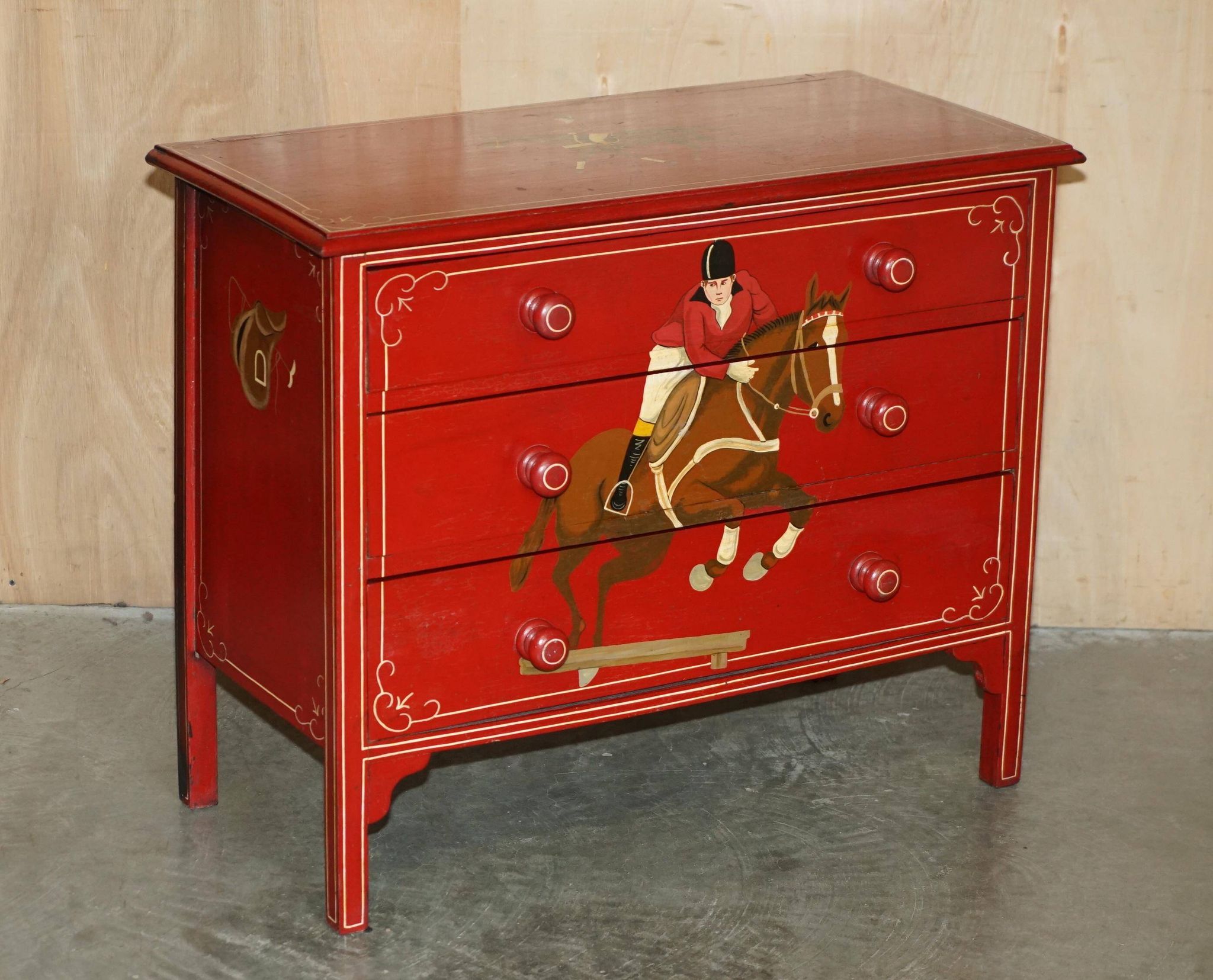 Hand-painted Victorian pine commode featuring a horse and jockey.