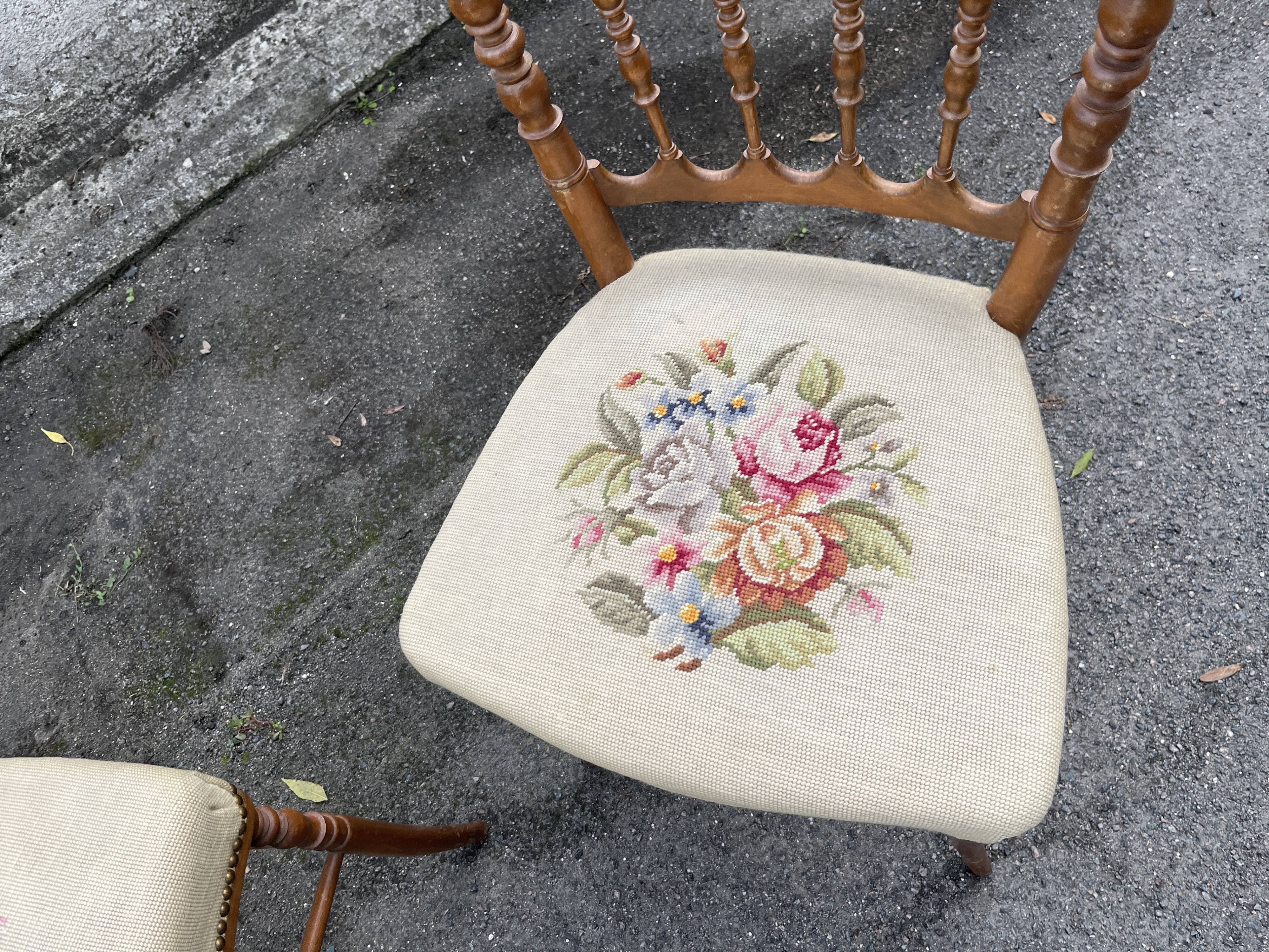 Pair of antique turned wooden chairs, embroidered upholstered seats