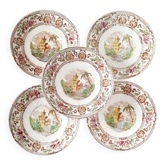Set of 5 Longwy Cyprus dessert plates, 19th century, with oriental decoration.
