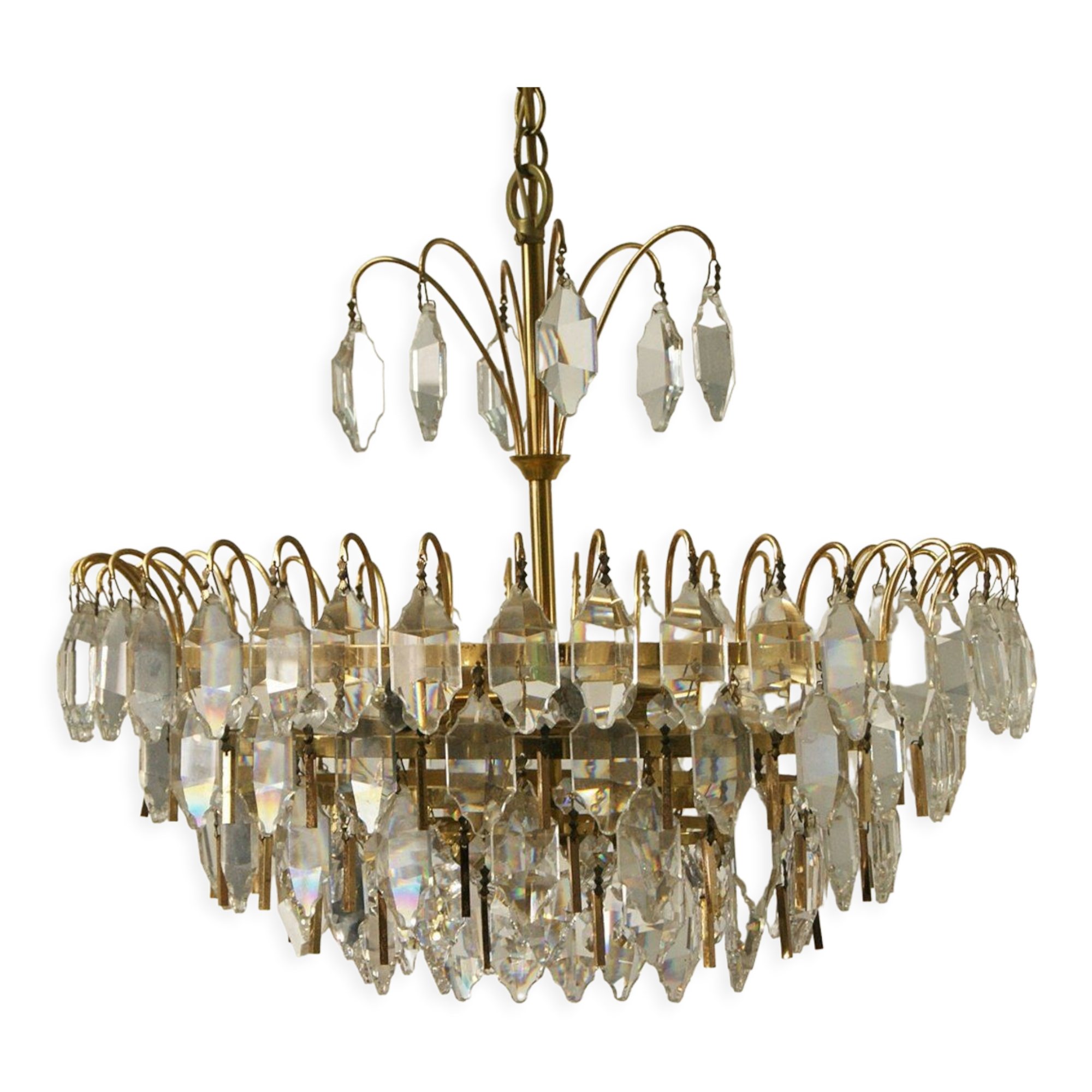 Lustre en laiton et cristal du milieu du siècle de Palwa