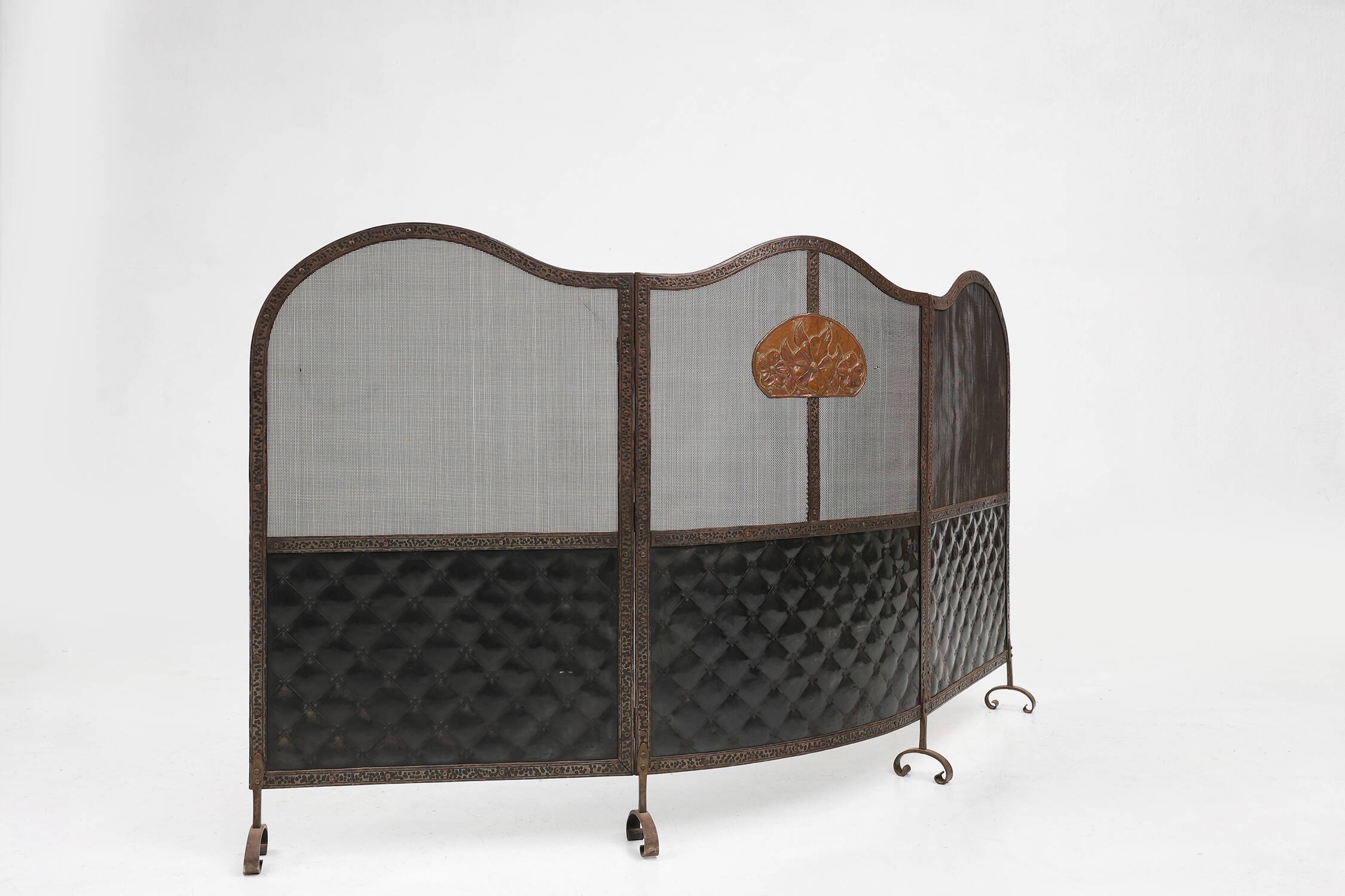 French Art Deco wrought iron fireplace screen with 3 panels