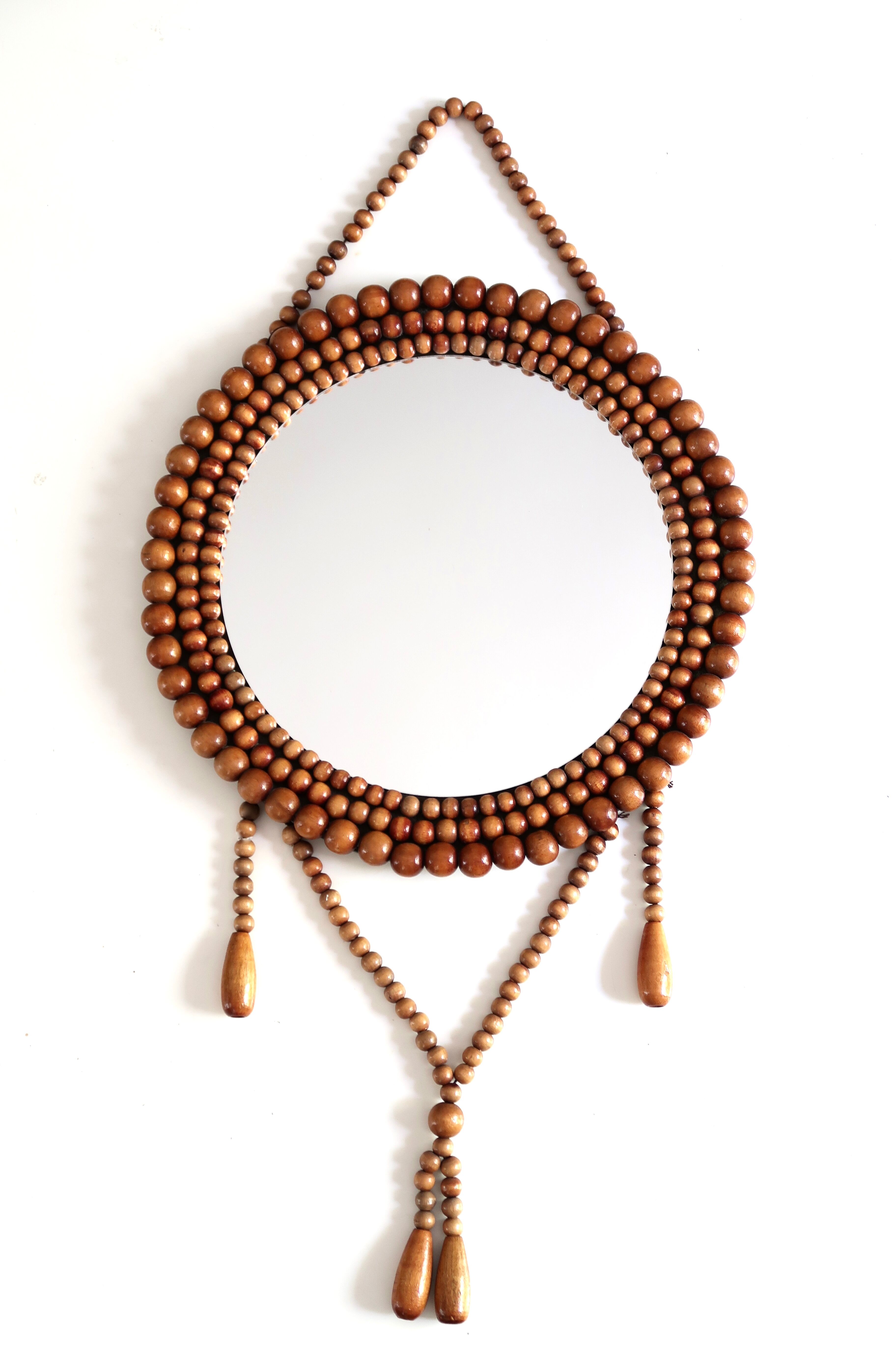 Round mirror, wooden bead frame, 60s 33cm